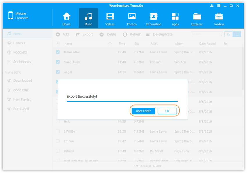 Transfer Audio from iPhone/iPad/iPod to Computer -Export successfully 