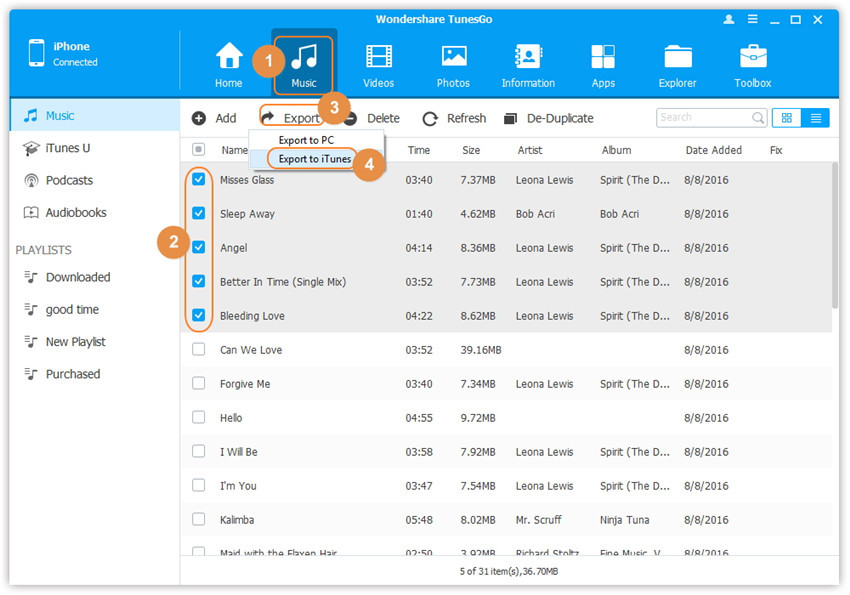 Transferencia directa de música en iPod / iPad / iPhone al dispositivo Android con Wondershare TunesGo