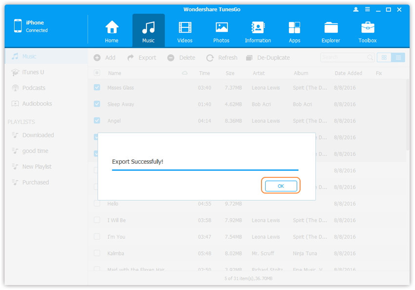 Transfer Audio from iPhone/iPad/iPod to iTunes Library - Export successfully