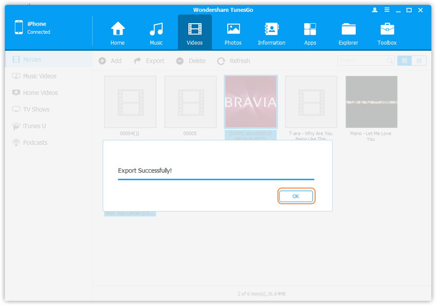 Transfer video from iPhone/iPad/iPod to iTunes Library - Export successfully