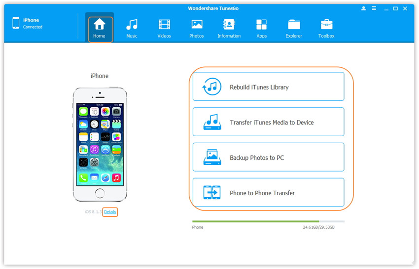 Interfaz de Usuario de TunesGo - Inicio con dispositivo conectado