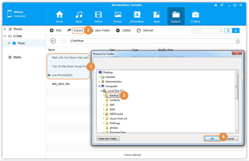 Use Your iDevice as a Flash Drive - drag and drop the files or the folders from the computer to the destination folder