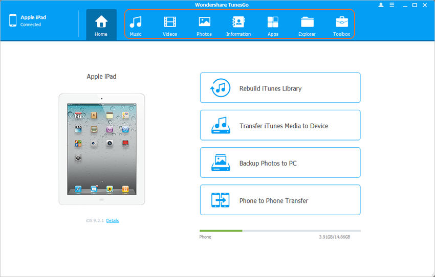 transférer des listes de lecture sélectives d'iPad à iTunes en utilisant TunesGo - Choisir la catégorie Boîte à outils 