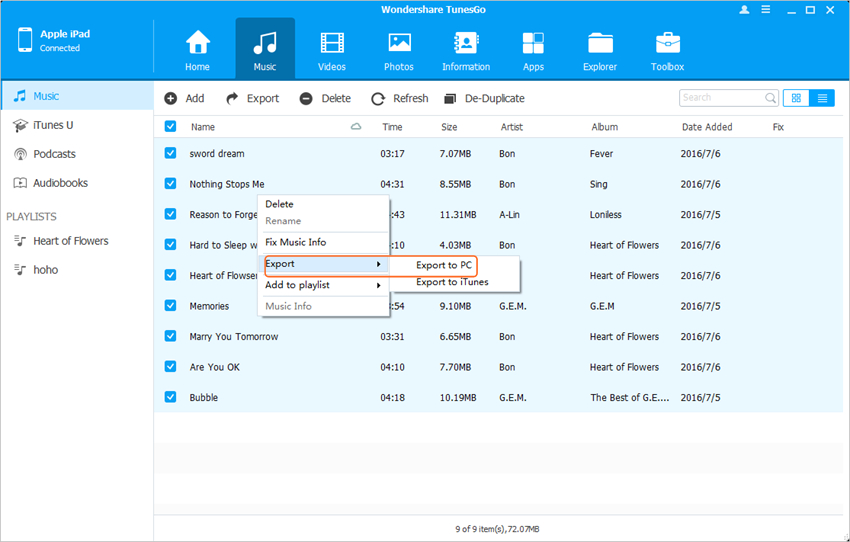 Syncing iPad to New Computer Using TunesGo - Select File to Transfer