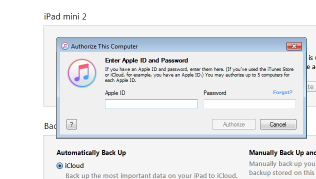 Syncing iPad to New Computer Using iTunes - step 4: provide apple ID and password