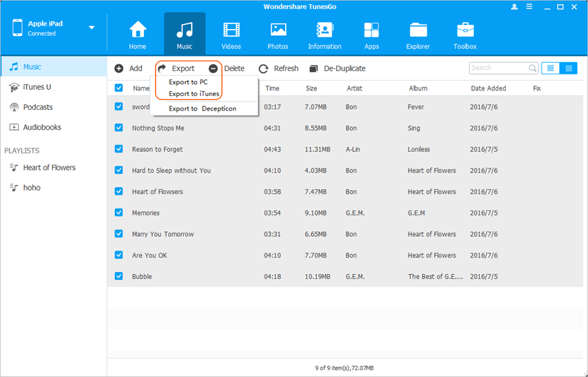 Transfert de musique d'iPad vers iTunes - Transfert de fichiers