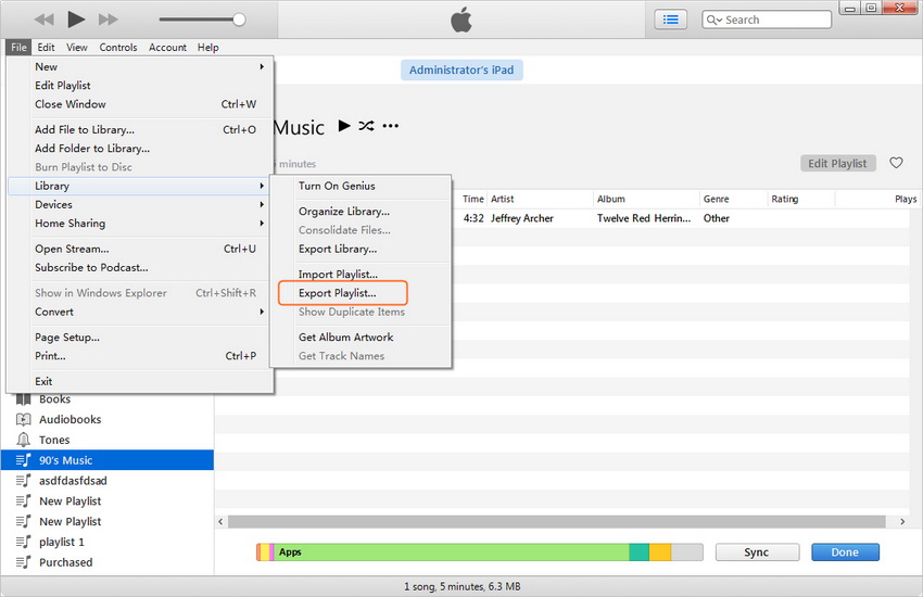 Transfert de la liste de lecture d'iPad à iTunes avec iTunes - Exporter la liste de lecture