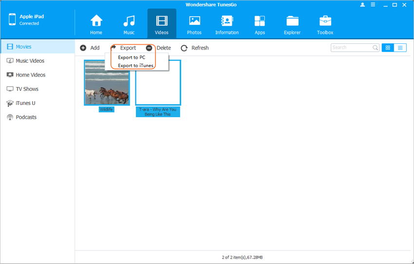 Comment transférer des vidéos d'un iPad à un PC avec TunesGo - Sélectionner des vidéos depuis Média
