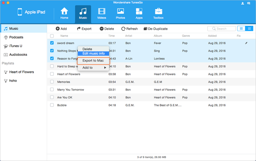 Transfert de musique d'iPad vers Mac sans iTunes - Sélectionner des fichiers musicaux