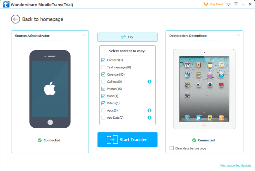 Transfert de contacts d'iPhone vers iPad - Choisir l'ordre de transfert