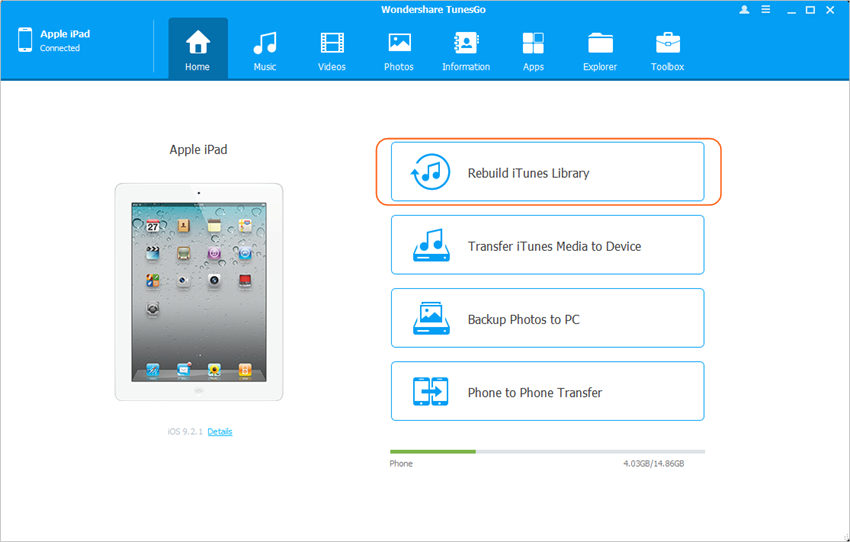 transférer des listes de lecture sélectives d'iPad à iTunes en utilisant TunesGo - Reconstruire la bibliothèque iTunes