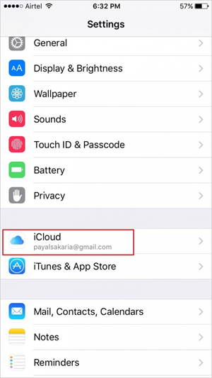 Transférer des notes d'iPhone vers iPad en utilisant iCloud - étape 1: sélectionnez iCloud 