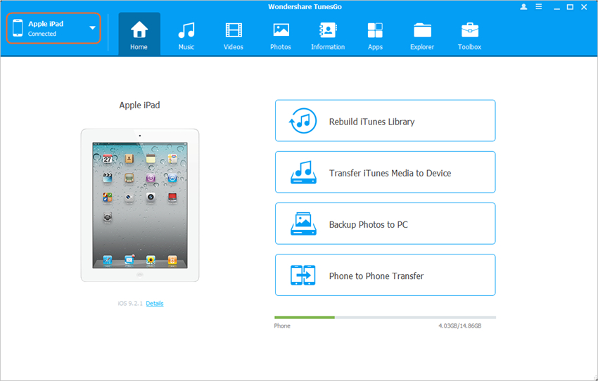 Transférer des photos d'iPhone vers iPad - Démarrer TunesGo et connecter les appareils