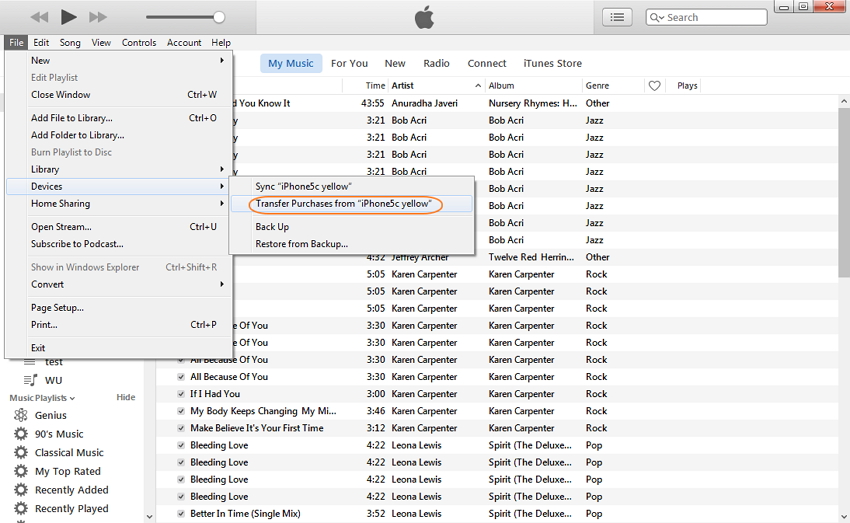 Transfert des podcasts achetés de l'iPhone vers l'ordinateur via iTunes