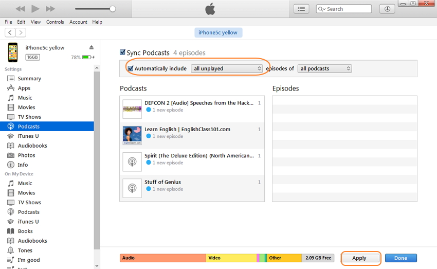 Transfert de podcast d'itunes vers iphone