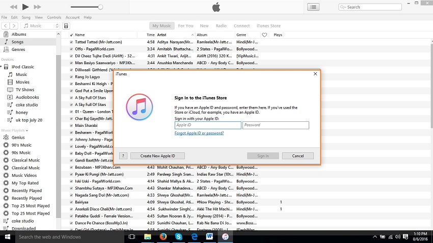 Extract music from iPod to your computer/ itunes library-Enter your apple id