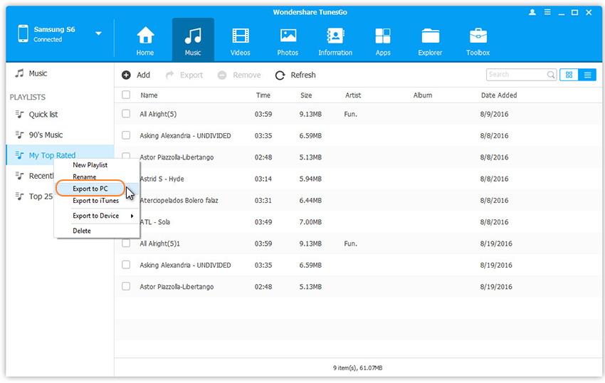 Transfert de la liste de lecture de musique de Galaxy S8 à l'ordinateur