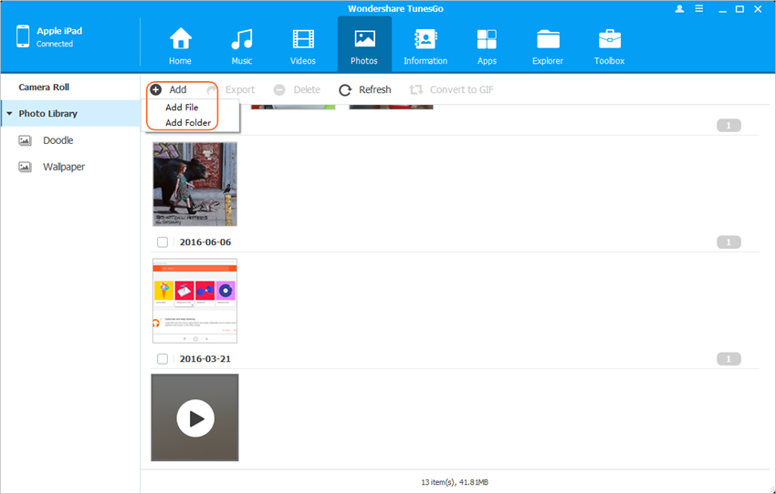 transfer photos from camera to iPad with TunesGo - Add Photos to iPad