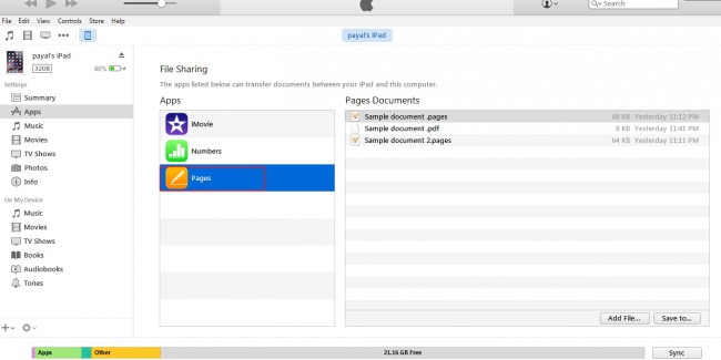 Transferring files from iPad to PC- select files from the left panel