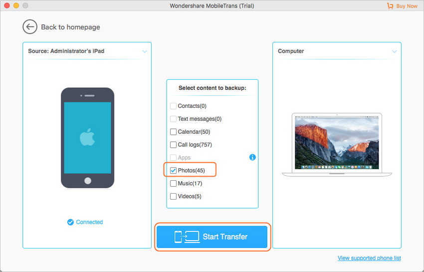 Transfer Files from iPad to Mac Using MobileTrans - Select File Types