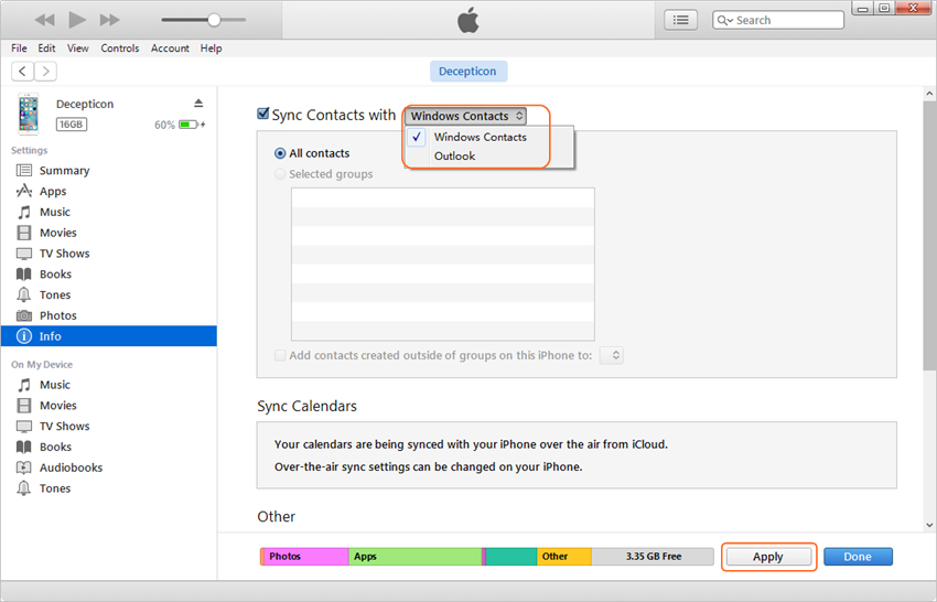 Transfer contacts from iTunes to iPhone - step 3: Select Info