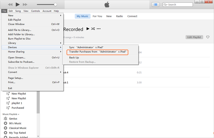 transfer music from iPad to PC by using iTunes - Transfer Purchases