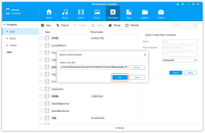 trasferimento vcf per iphone con modo semplice