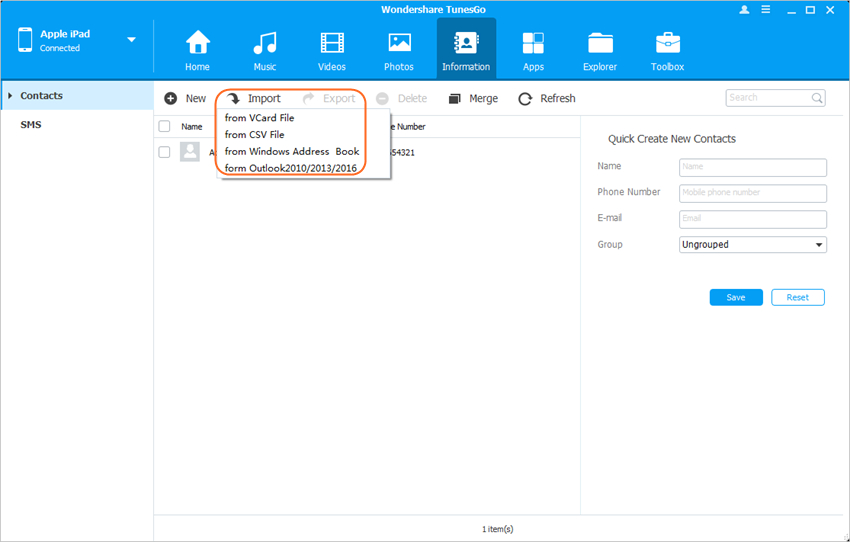 copy files from pc to ipad - Import Contacts