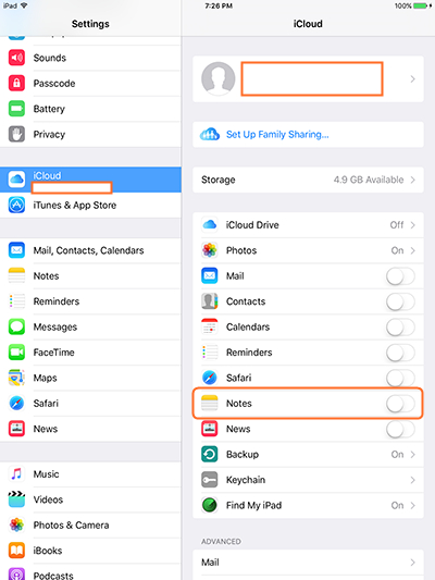 Transfer Notes from iPad to Computer Using iCloud - Tap Settings