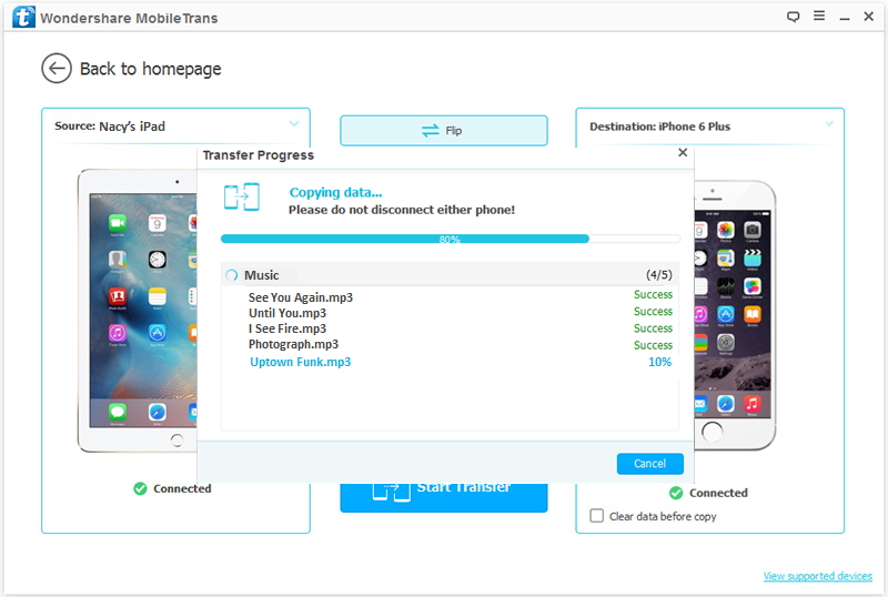 copy songs from ipad to iphone by mobiletrans - step 3: Transfer songs from iPad to iPhone