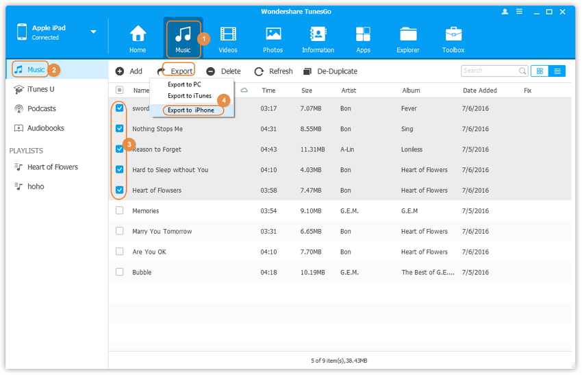 Transfer Music from iPad to iPhone using TunesGo - step 3: select and export the songs to iPhone