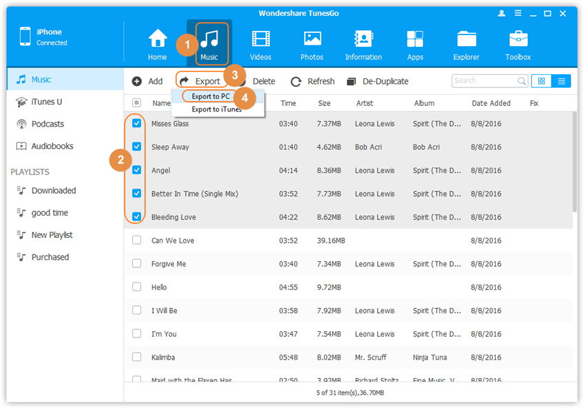 Downgrade iOS - Selecteer iPhone muziek om te exportern.