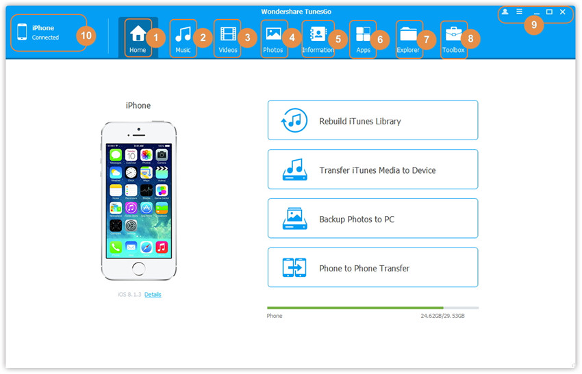 TunesGo User Interface - Home without device connected