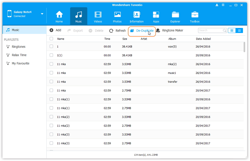 Click De-Duplicate to remove duplicate music files