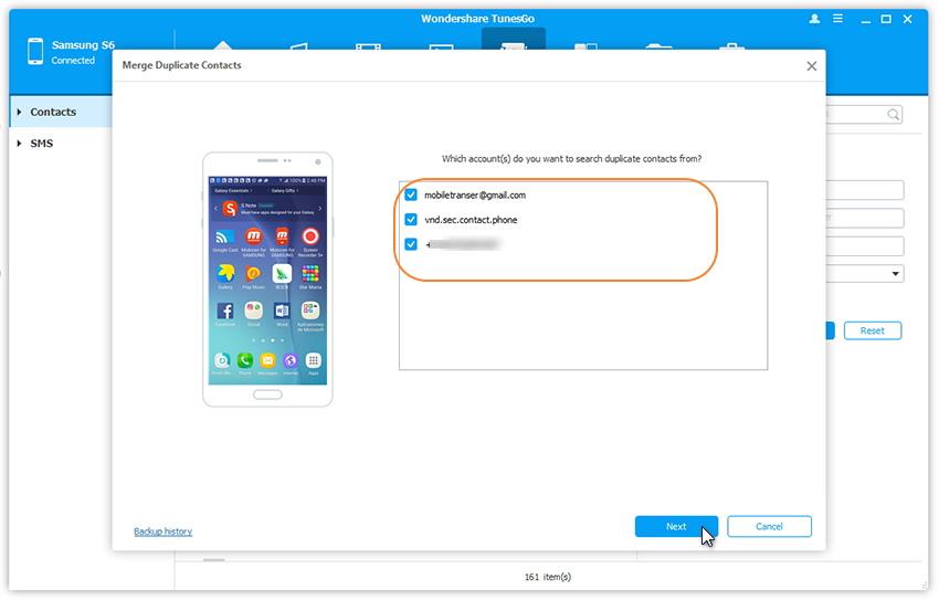 Seleccione las Cuentas para Fusionar Contactos en un Samsung