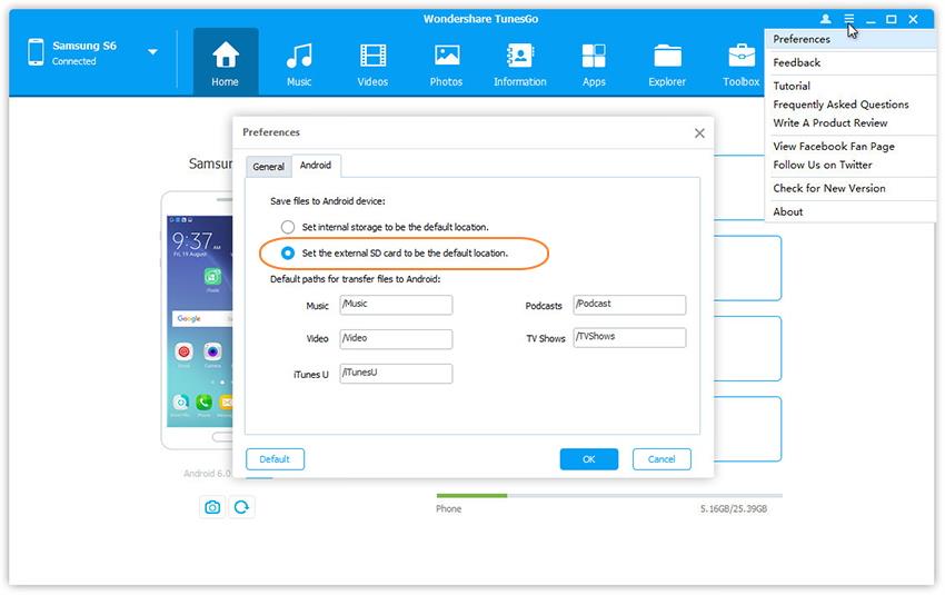 Set the external SD card to be the default location