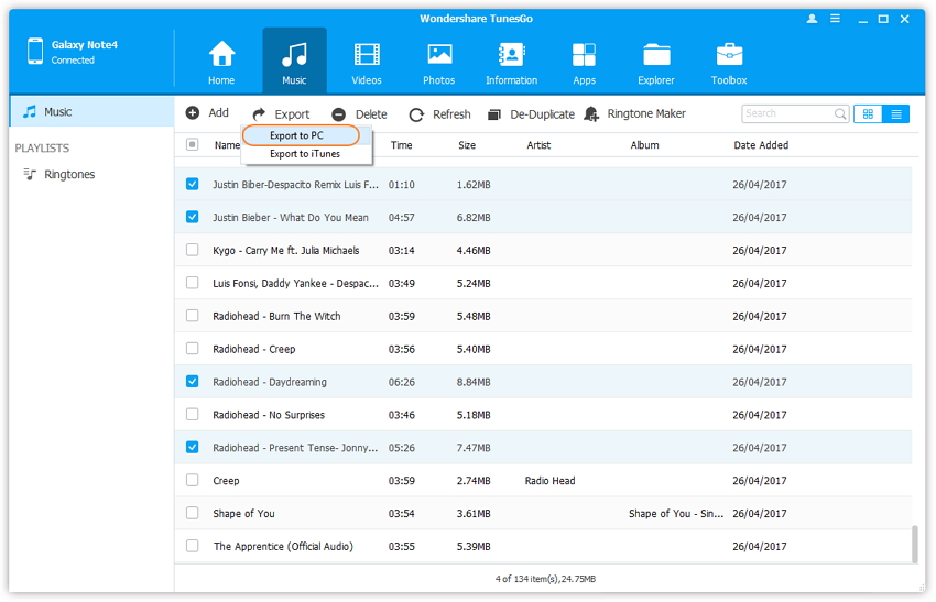 Trasferire musica dal Samsung Galaxy Note 7 al PC.