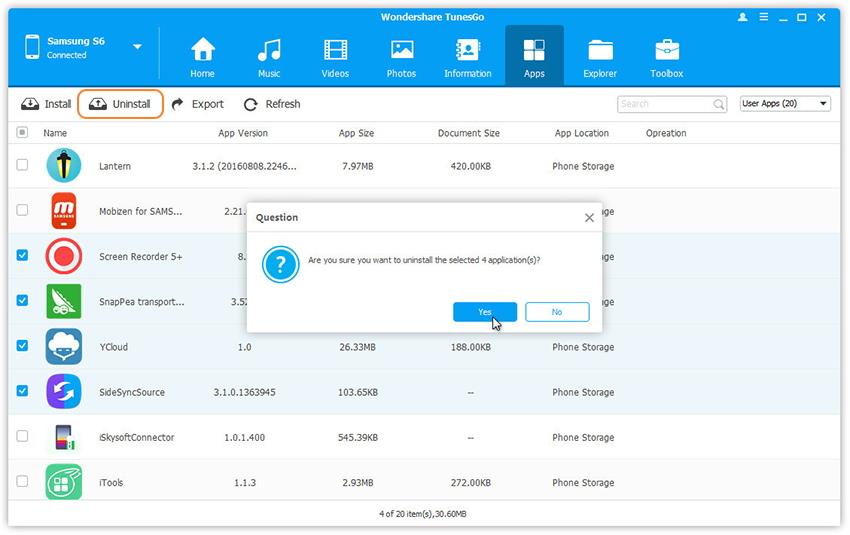 Desinstalar aplicativos do Samsung Galaxy S8 com o Samsung Galaxy S8 Manager