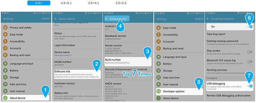 habilita la depurificacion usb en Galaxy S6