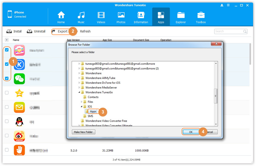 Export Apps from iOS Devices to Computer for Backup  - Check the app(s) which you want to export
