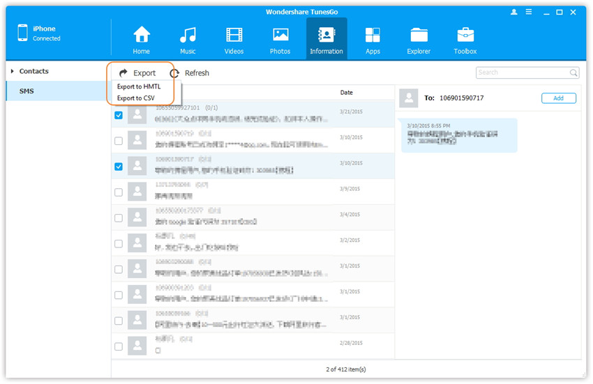 Transfer SMS from iPhone to Computer with TunesGo