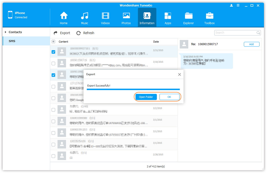 Export SMS from iPhone/iPad/iPod touch to Computer  - Export successfully