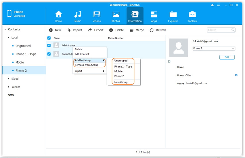 Manage Contacts on iPhone/iPad/iPod touch - merge the selected duplicates