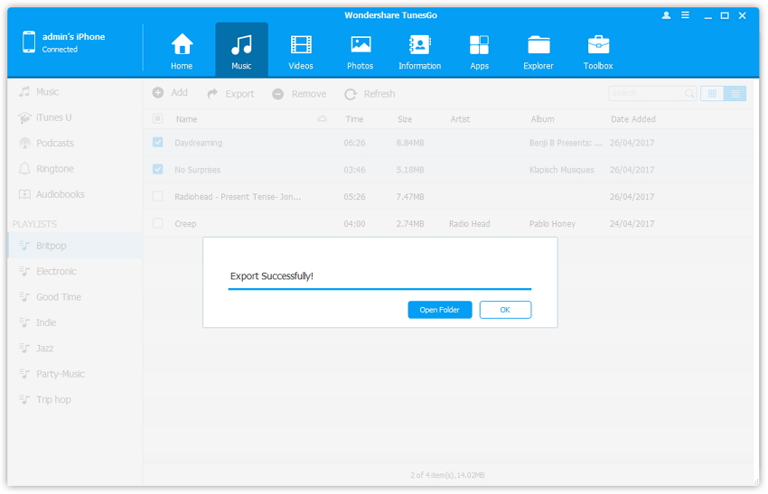 Transfer Playlists from iPhone/iPad/iPod to Computer - Export successfully 