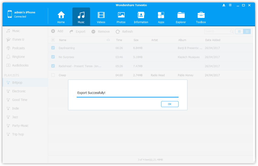 Transfer Playlists from iPhone/iPad/iPod to iTunes Library - Export successfully 
