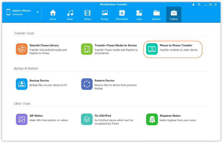 Phone Transfer - go to Toolbox > Phone Transfer