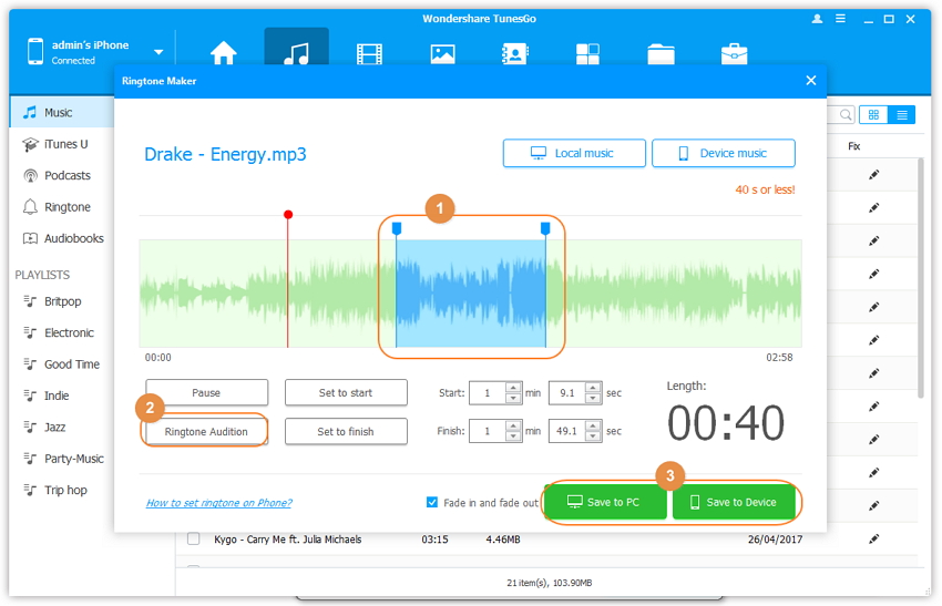 Beltoon Maker voor iPhone - beweeg de blauwe gebied control