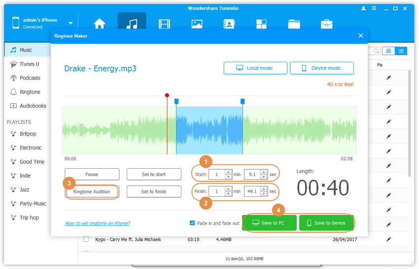 Ringtone Maker per iPhone-selezionare il tempo