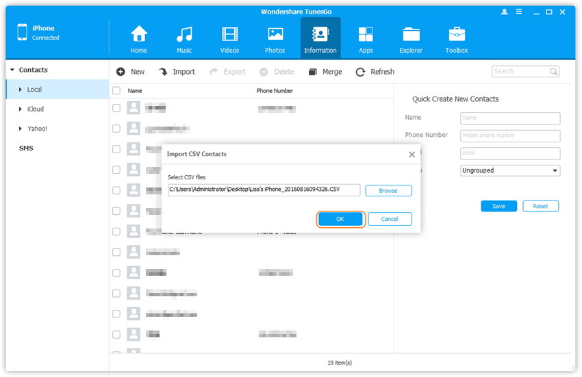 Transfer Contacts from Computer to iPhone/iPad/iPod touch - click <em>OK</em> to start importing