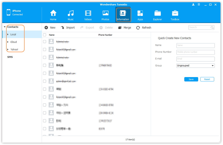 Backup Contacts from iPhone/iPad/iPod touch to Computer - select an account under Contacts type